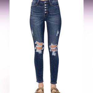 Judy blue, size 9, high rise, button fly, skinny fit, dark wash with distressing
